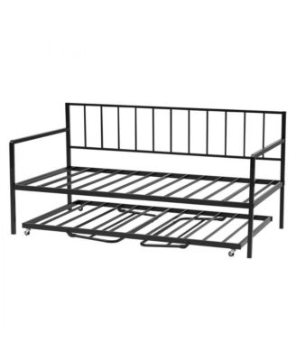 Metal Pull-Out Trundle, LED Lights, Charging Station, Adjustable Backrest Daybed Frame