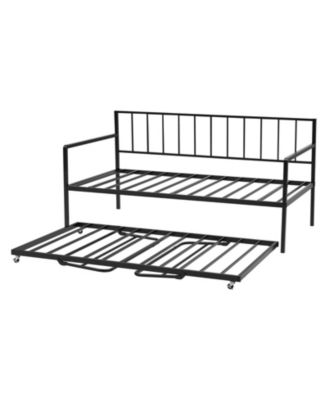 Metal Pull-Out Trundle, LED Lights, Charging Station, Adjustable Backrest Daybed Frame