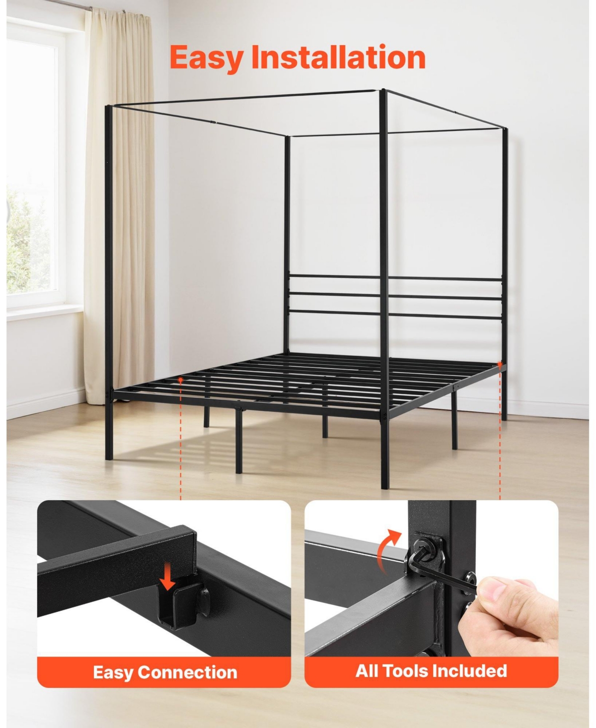 Slickblue 82.5 x 60.2 x 72 in / 2095 x 1530 x 1830 mm Metal Canopy Bed Frame with Elegant Four Poster Design