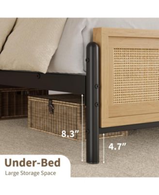 Full Size Metal Natural Rattan Headboard & Footboard Boho Design 14" Height No Box Spring Platform Bed Frame