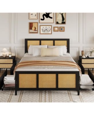 Queen Size Rattan Accent Storage Bed with 4 Drawers, Woven Front, LED Lights, MDF Frame
