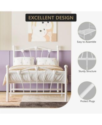 Twin Size Bed Frame for Kids Heart Shaped Headboard & Tailboard Heavy Metal Slat Support Noiseless White