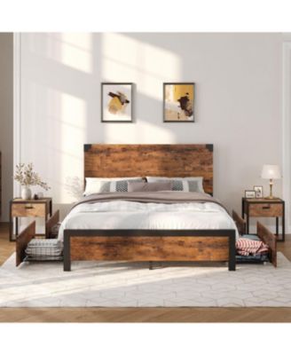 Full Size Metal Platform with Storage Drawers and Wooden Headboard, No Box Spring Bed Frame