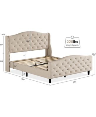 Queen Size Platform Bed Frame with Wingback Velvet Headboard Nailhead Trim Wooden Slats