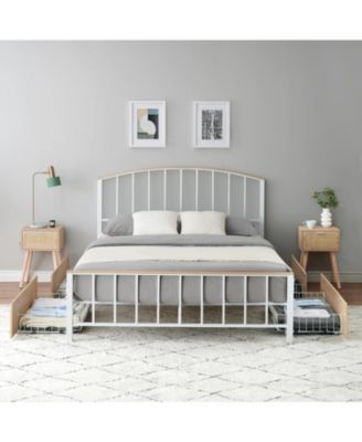 Queen Size Wood & Metal Bed Frame with 4 Storage Drawers Headboard & Footboard No Box Spring