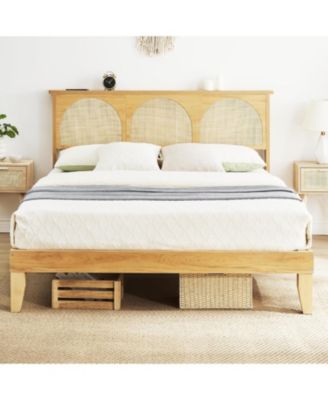 Full Size Solid Wood & Rattan RGB LED Platform Bed Frame with Underbed Storage