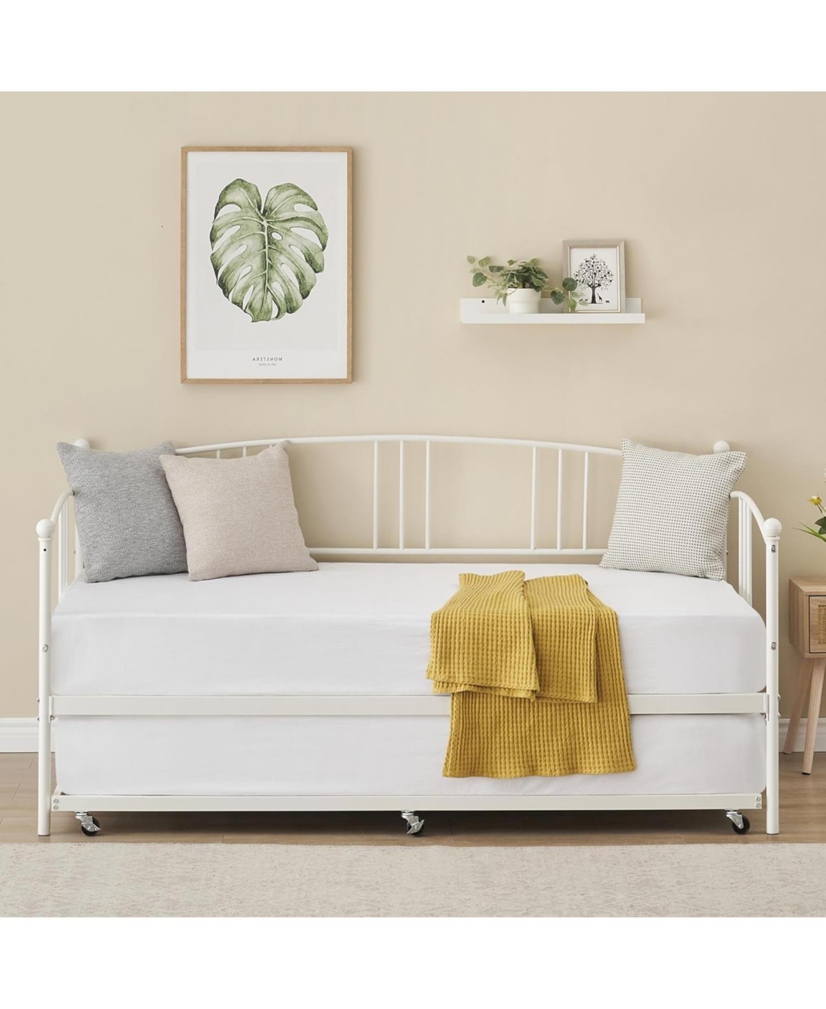 gaomon Twin Daybed with Trundle Metal Frame Pullout Trundle 6 Casters Steel Slats Living Room Bedroom Guest Room