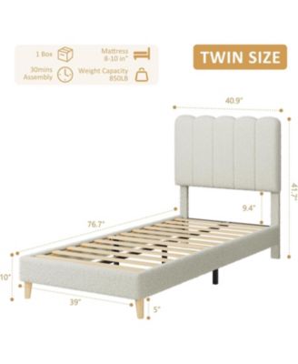 Twin Bed Frame Boucle Upholstered Wave Headboard Girls Kids Wooden Slats No Box Spring Needed Beige