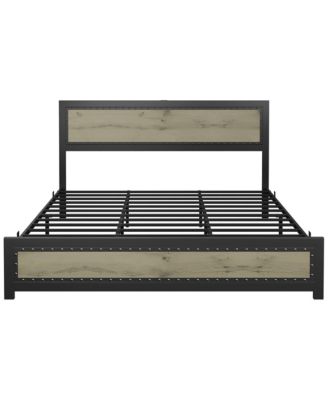 King Bed Frame Industrial Platform with Charging Station Headboard Metal Slats Easy Assembly Washed Grey