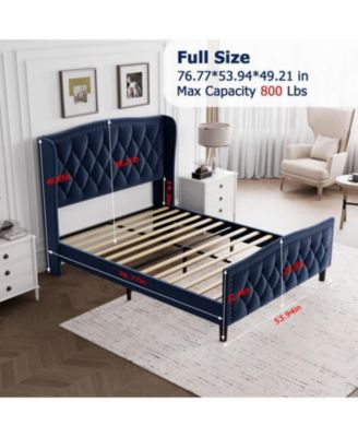 Full Bed Frame Blue Upholstered 4 Storage Drawers Wingback Headboard Charging Station Button Tufted
