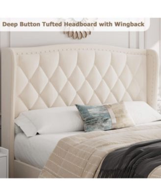Full Bed Frame Beige Upholstered 4 Storage Drawers Wingback Headboard Charging Station Button Tufted