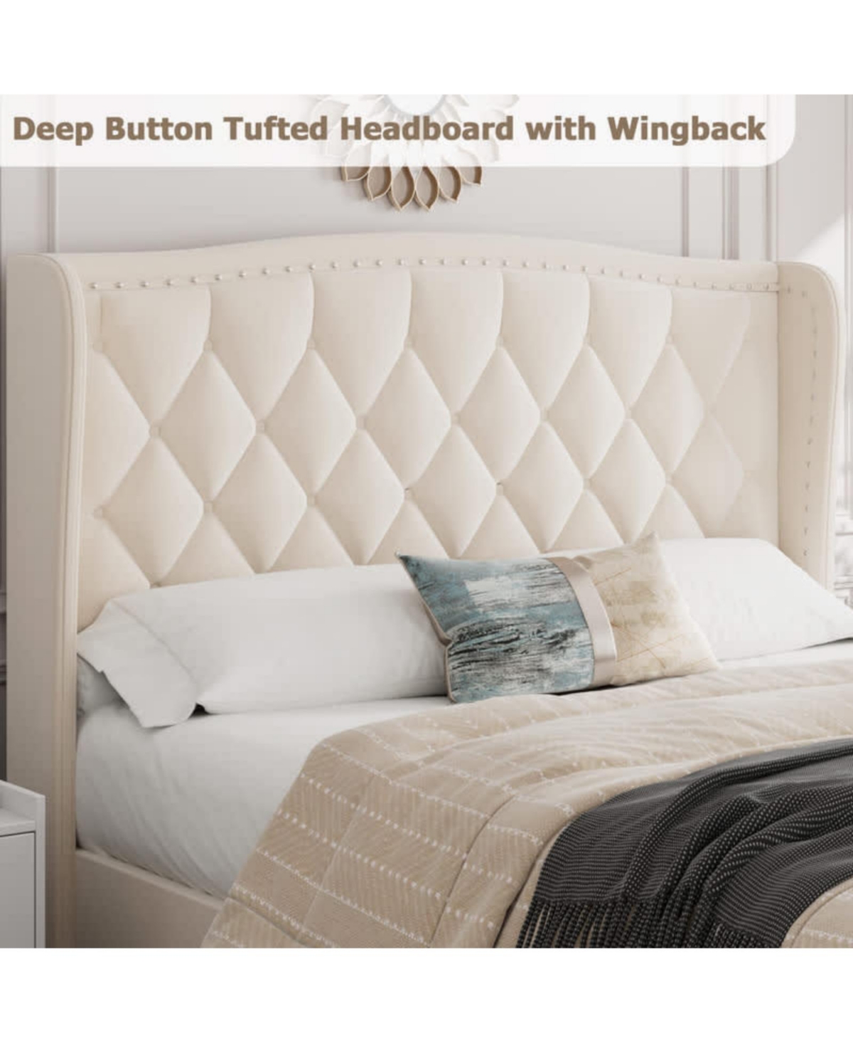 gaomon Full Bed Frame Beige Upholstered 4 Storage Drawers Wingback Headboard Charging Station Button Tufted