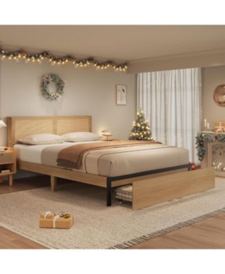 Full Size Rattan Bed Frame 2 Drawers Wooden Platform Rattan Headboard LED Lights Boho Storage Bed Noise Free No Box Spring Natural Oak
