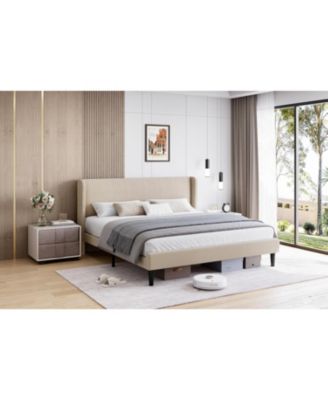 Full Size Upholstered Bed Frame with Wingback Headboard Velvet Platform No Box Spring Needed Durable Wood Slats