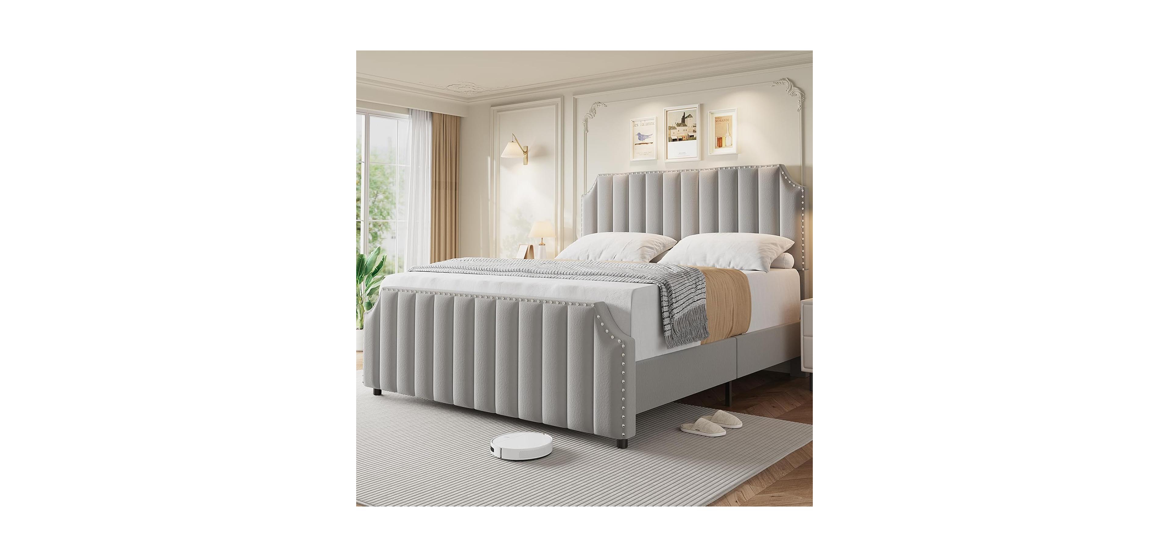 gaomon Queen Size Velvet Bed Frame 50.2in Headboard Footboard Upholstered Platform Nailhead Trim No Box Spring Noise Free
