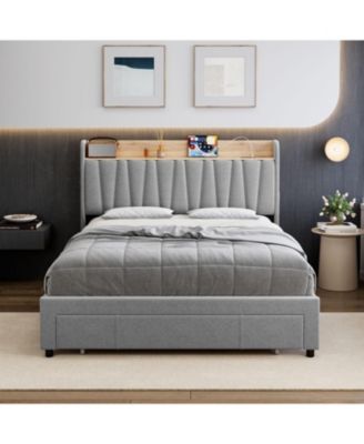 Queen Size Upholstered Platform Bed Frame Storage Drawers Power Socket Wooden Slats No Box Spring Easy Assembly