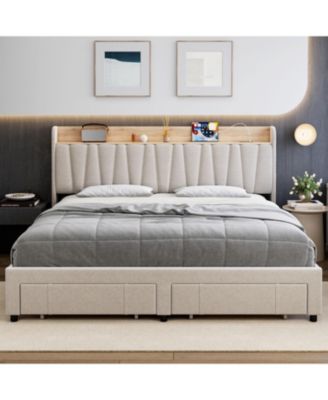 Upholstered Bed Frame Storage Headboard Platform Drawers Charging Station Noise Free No Box Spring Beige