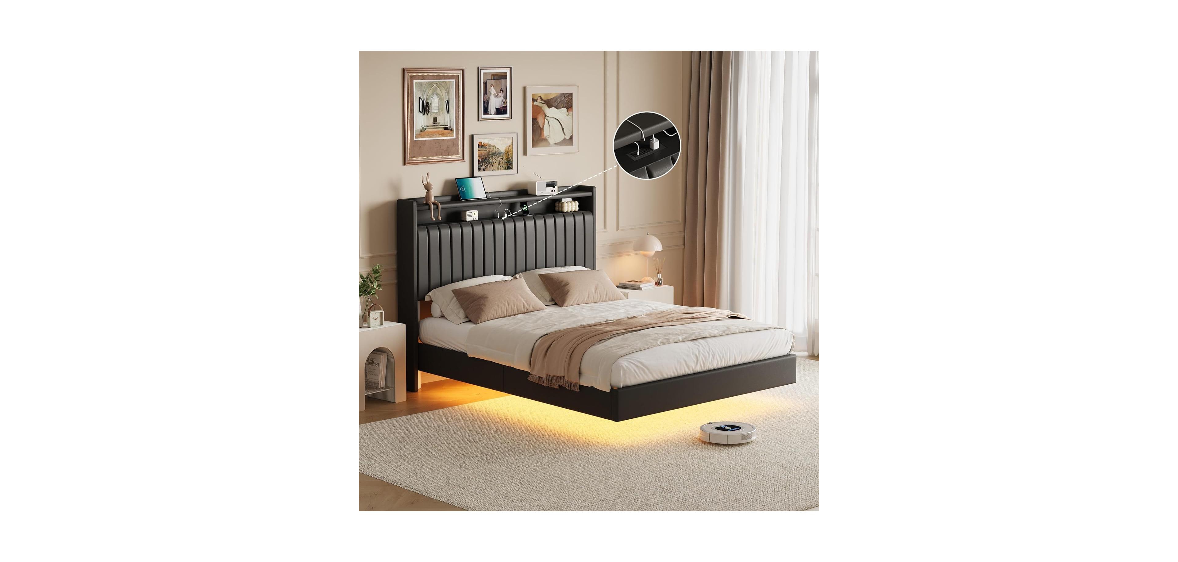 gaomon Queen Size Floating Bed Frame Rgb Led Lights Charging Station Storage Headboard 50in Headboard Upholstered Platform Black