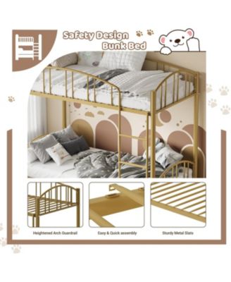 Metal Bunk Bed Twin Over Twin Heavy Duty Bunkbeds Arched Guardrail Safety Ladder Space-Saving Modern Gold