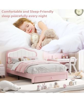 Twin XL Upholstered Bed Frame with LED Lights Storage Drawer Velvet Bed Headboard for Kids Girls Boys No Box Spring Pink