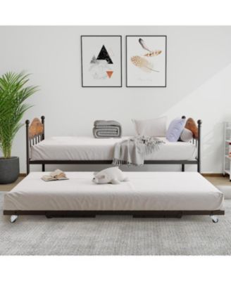 Twin Size Metal Daybed with Trundle Foldable Trundle Sofa Bed Stylish Headboard for Living Room, Bedroom, Guest Room Brown