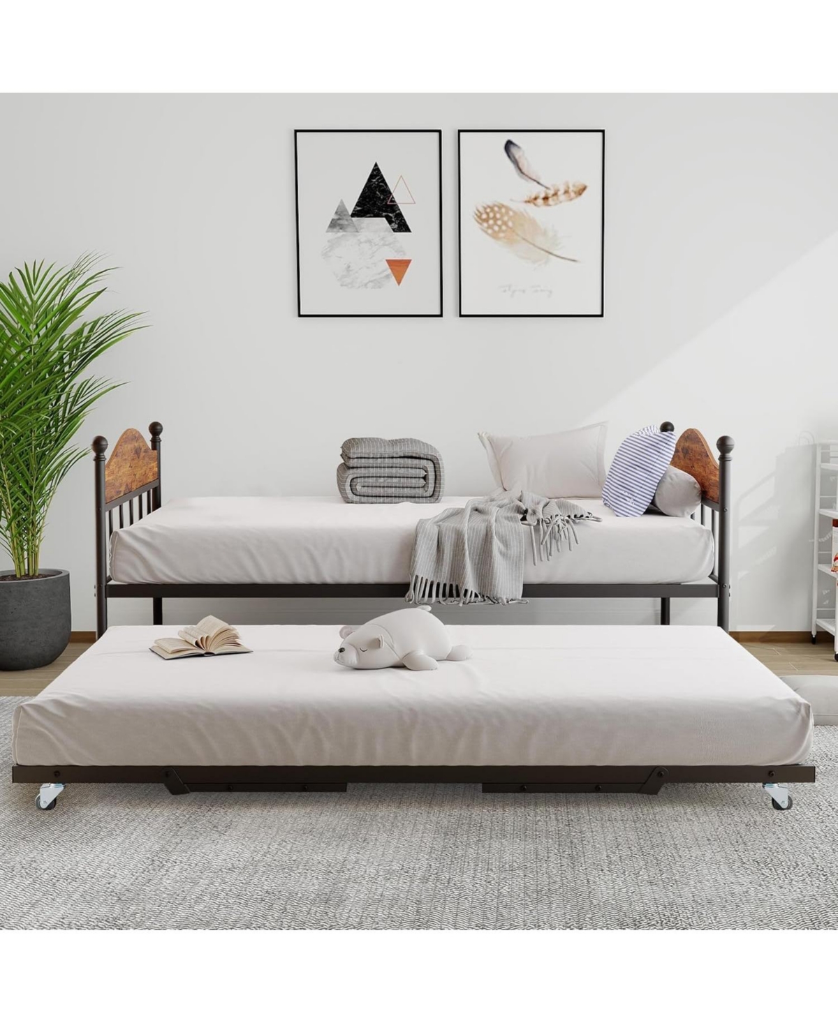 gaomon Twin Size Metal Daybed with Trundle Foldable Trundle Sofa Bed Stylish Headboard for Living Room, Bedroom, Guest Room Brown