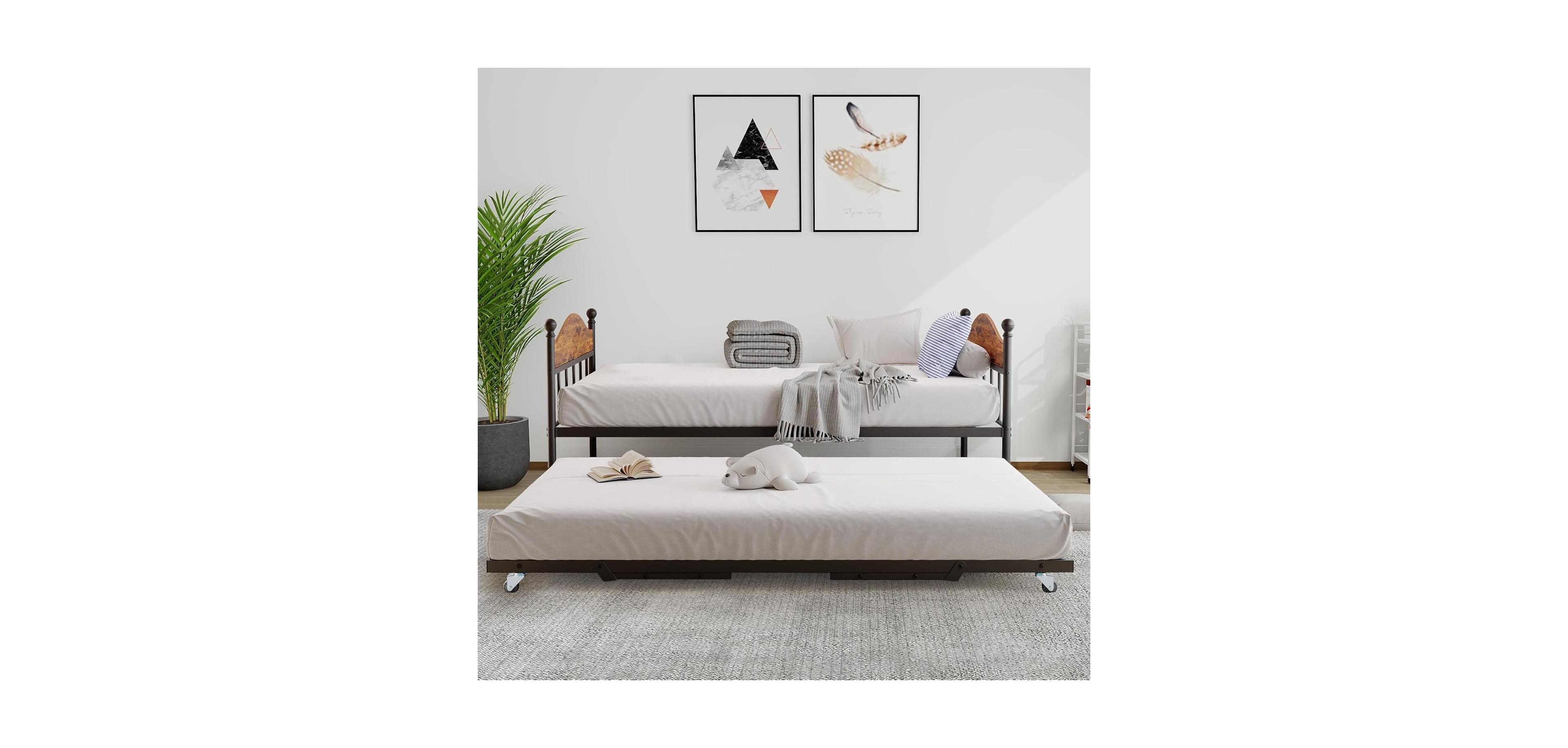 gaomon Twin Size Metal Daybed with Trundle Foldable Trundle Sofa Bed Stylish Headboard for Living Room, Bedroom, Guest Room Brown