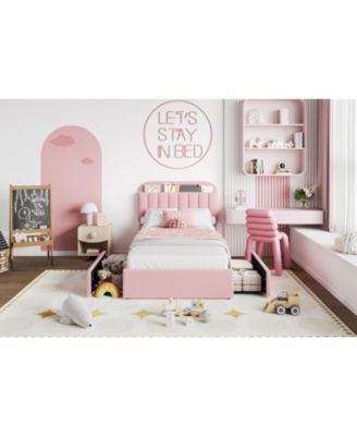 Twin Size Boucle Upholstered Platform Bed Frame with Bookcase Headboard 2 Drawers for Girls No Box Spring Pink