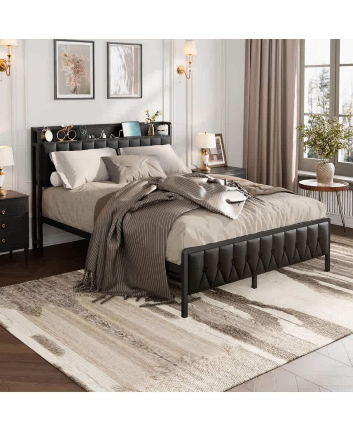 gaomon Full Size Black Faux Leather Upholstered Platform Bed Frame with Storage Headboard Charging Station Usb Ports Outlets