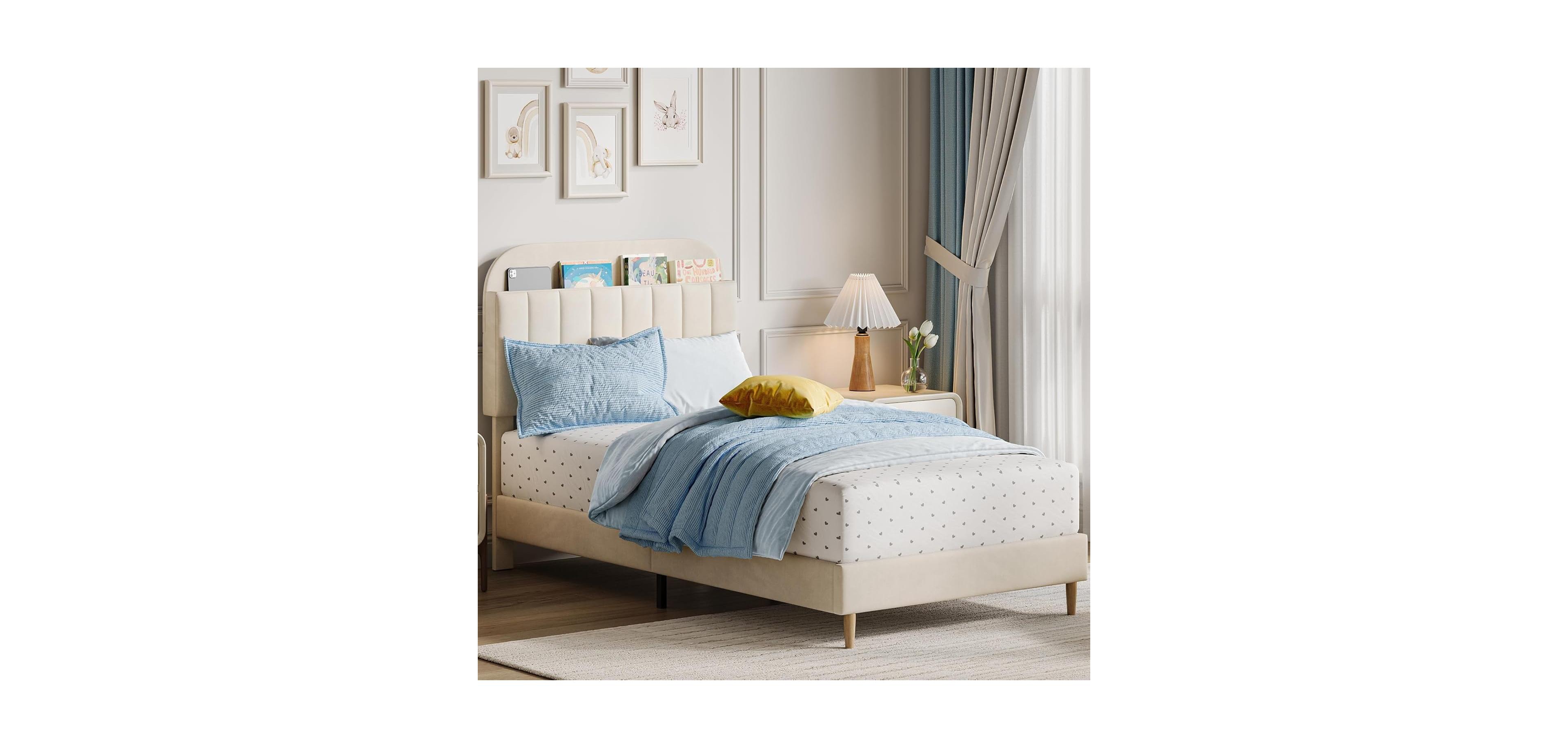 gaomon Easy Assembly Twin Size Bed Frame Upholstered Platform Twin Size Bed Space Saving, for Living Room, Guest Room