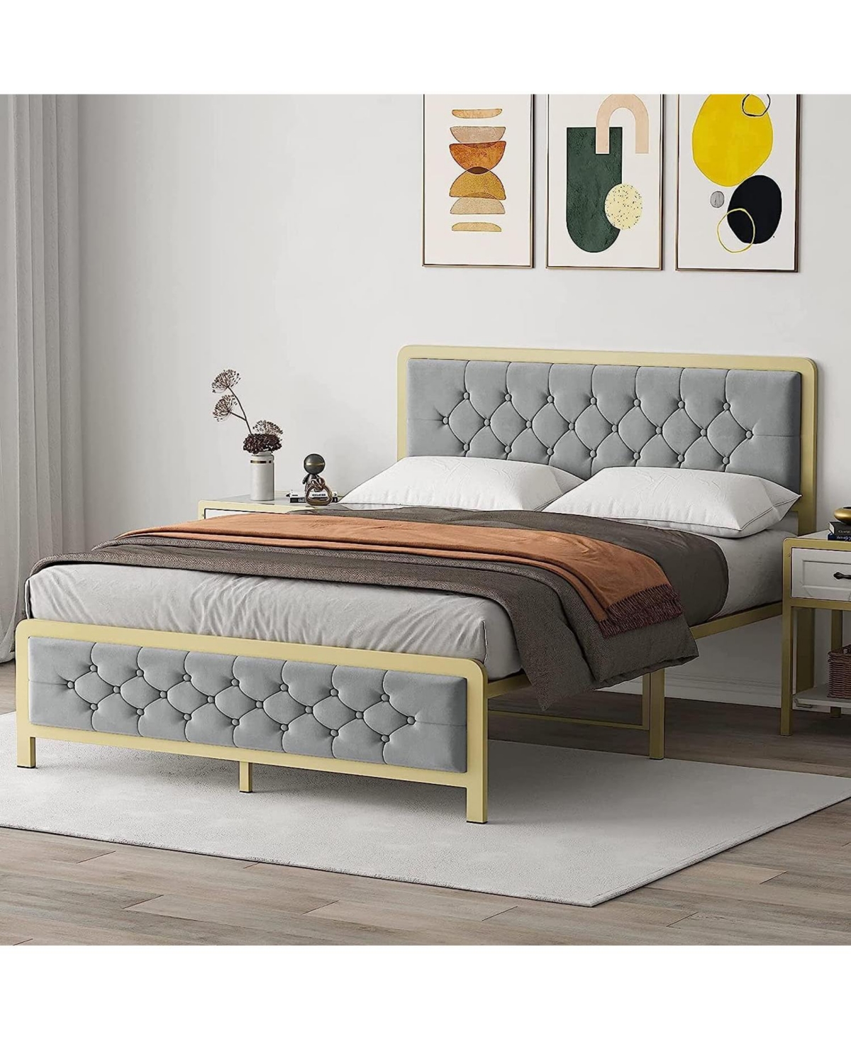 Gaomon Easy Assembly Full Size Velvet Upholstered Platform Bed Frame Space Saving, for Living Room, Guest Room