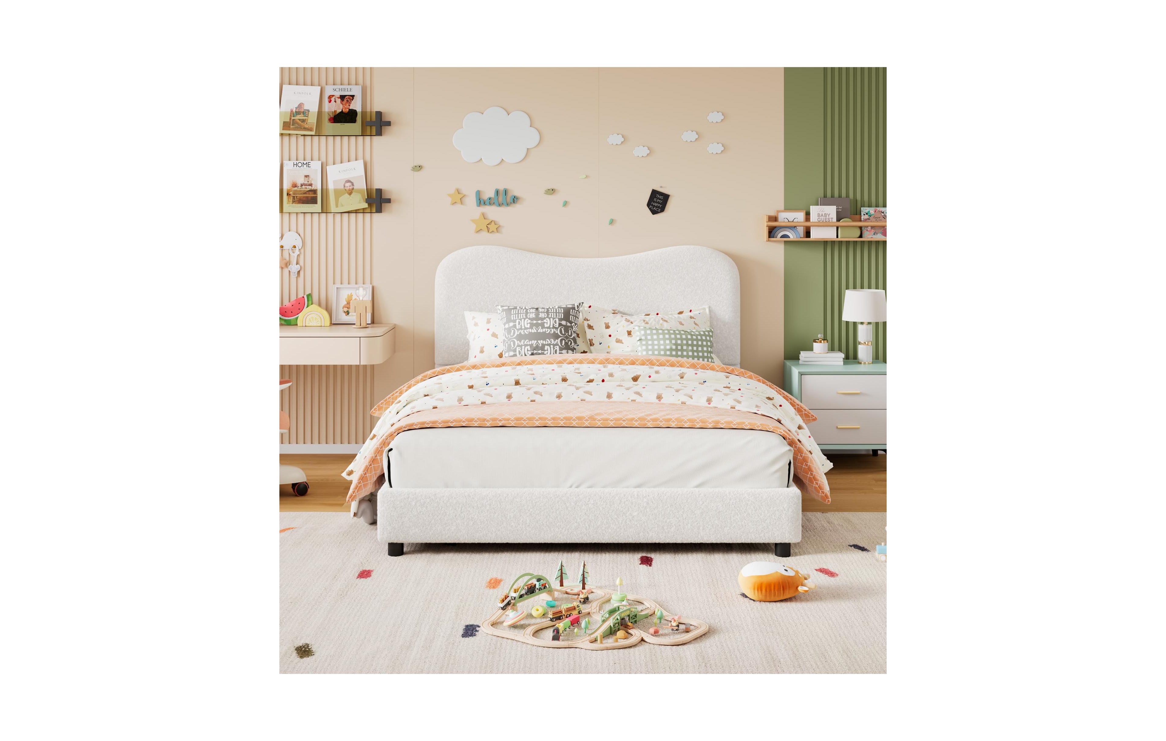 Twin Bed Frame for Kids with Velvet Upholstered Headboard, Cute Low Profile Platform Bed for Girls and Boys