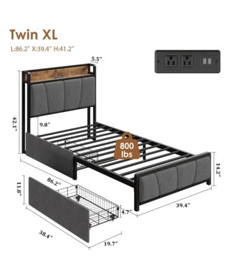 Twin XL Size Metal Storage Headboard, 2 Drawers & Charging Station Bed Frame