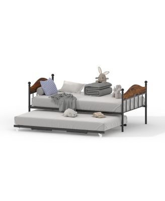 Daybed with Trundle, Metal Twin Size Day Bed with Stylish Headboard, Sofa Bed Frame with Pop Up Foldable Trundle Bed