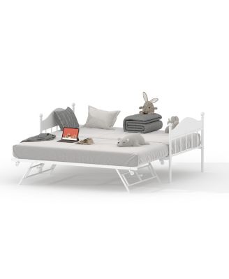 Daybed with Trundle, Metal Twin Size Day Bed with Stylish Headboard, Sofa Bed Frame with Pop Up Foldable Trundle Bed