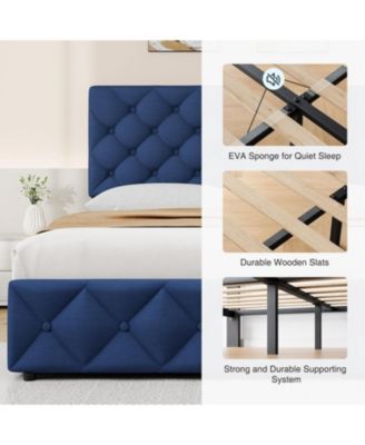 King Bed Frame with 4 Storage Drawers and Headboard, Linen Upholstered Platform