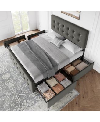Full Bed Frame with Headboard and 4 Storage Drawers, Platform Bed Frame Square Stitched Button Tufted