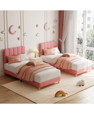 Twin Bed Frame, Boucle Upholstered Platform Bed with Wave Headboard for Girls/Kids, Easy Assembly, Wooden Slats Support