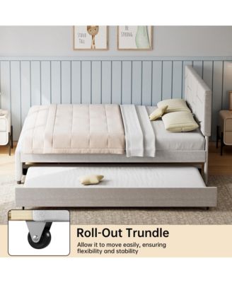 Trundle Bed, Full Size Upholstered Platform Bed Frame, Pull Out Bed with Headboard, Wood Slat Support