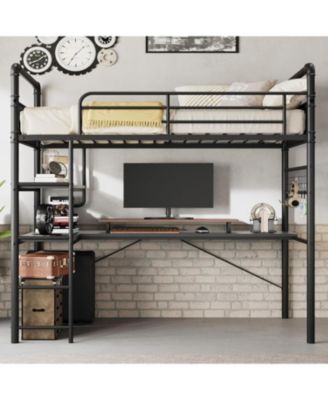 Twin Loft Bed with L-Shaped Desk, Metal Frame, Two Open Shelves & Decorative Mesh, 13.4" Guardrail & Ladder, No Box Spring Required, Black
