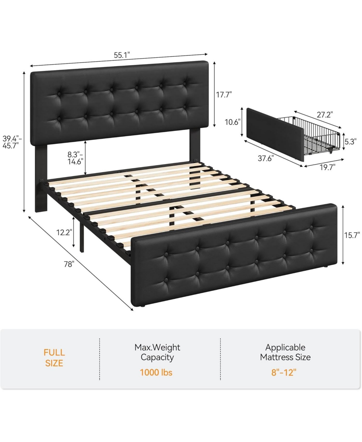 Gaomon Faux Leather with Button-Tufted Headboard, 4 Storage Drawers, Sturdy Wood Slats, No Box Spring Platform Bed