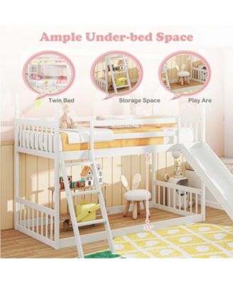 Twin Over Twin House Bunk Bed w/ Slide Solid Wood Low Bunk Bed for Kids