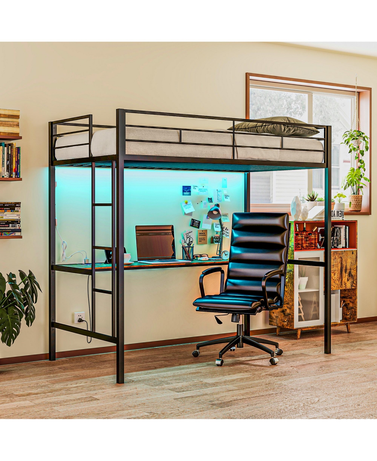 Homcom Twin Loft Bed with Power Outlets Lights Metal Loft Bed Frame,