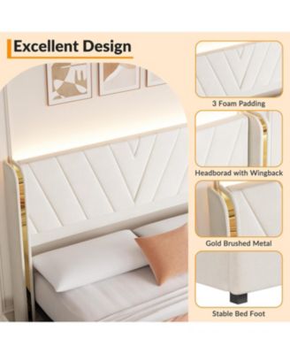 Upholstered LED Bed Frame with 4 Storage Drawers, RGB LED Lights, Velvet Platform Bed Frame with Wingback Headboard, No Box Spring Needed - Queen