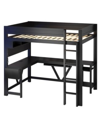 Wood Full Size Gaming Loft Bed w Built In Desk Charging Station LED Lighting Storage Shelves Multifunctional Modern Living Spaces Furniture