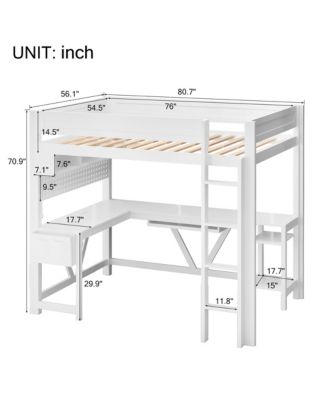 White Wood Full Size Gaming Loft Bed Built In Desk Charging Station LED Lighting Storage Shelves Multifunctional Modern Living Space Furniture