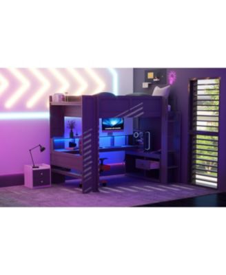Dark Gray Wood Full Size Gaming Loft Bed Built In Desk Charging Station Storage Shelves LED Lighting Space Saving Teens Adults Furniture