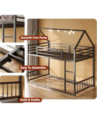 Twin Over Twin Metal Bunk Bed with Ladder & Guardrail, House-Shaped Frame, Space-Saving Design, No Box Spring Needed – Black