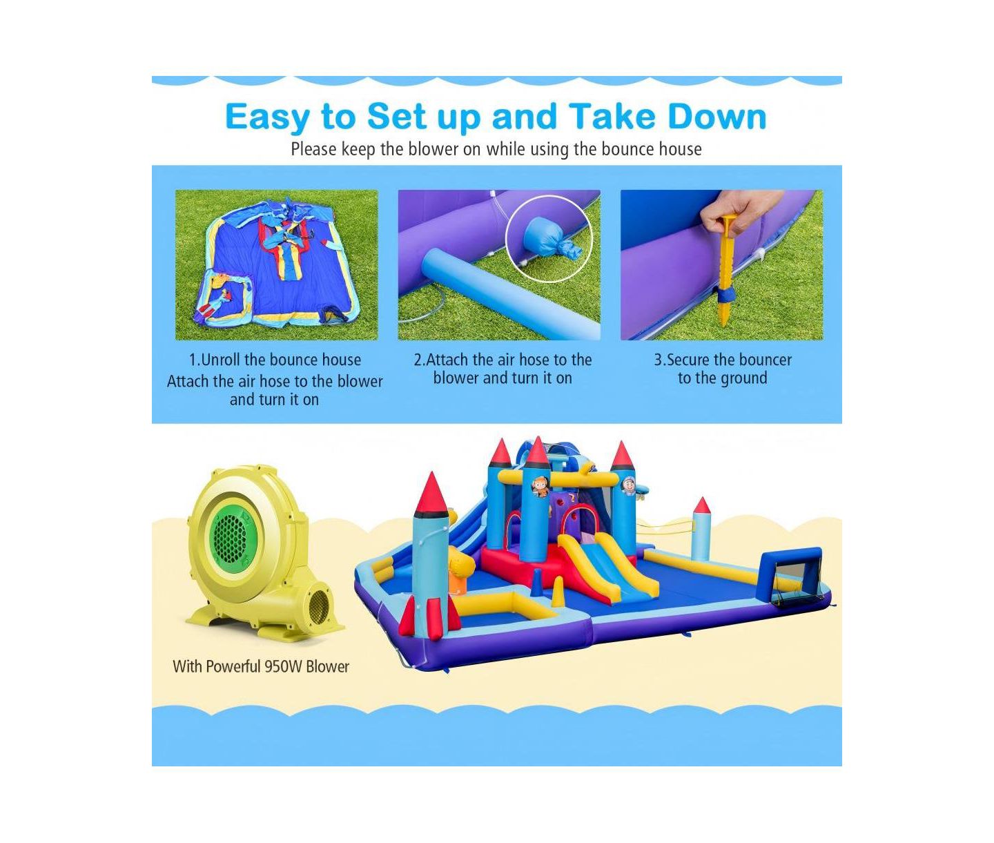 Детская игрушка HONGGE Rocket Inflatable Water Slide Park with 950W Blower, цвет: Синий — фото 7