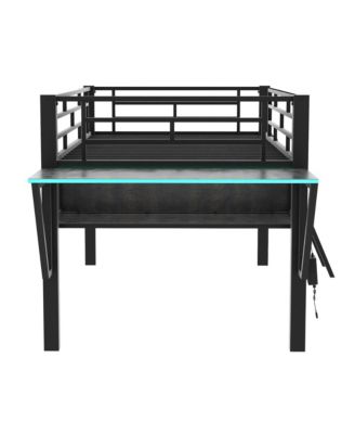 Black Metal Twin Size Gaming Mid Loft Bed with BuiltIn Desk and MultiColor LED Lighting Space Saving Furniture for Kids and Teens Bedrooms
